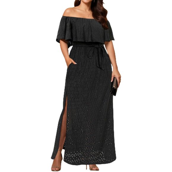 Women Plus Size Summer Dress Off Shoulder Eyelet Maxi with Pockets - Picture 1 of 6